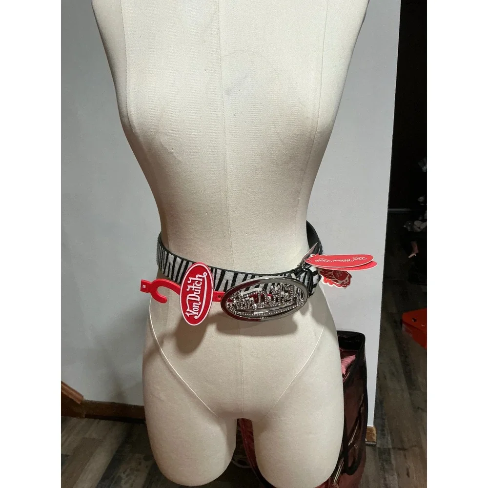 Von Dutch Zebra Print Faux Fur Rhinestone Logo Buckle Belt Y2K Coquette NWT M